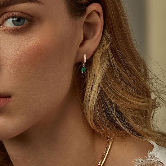 Dangle Earrings for Women Trendy 14K Gold Plated Hypoallergenic Drop Hoop Earrings Dainty Diamond Green Emerald Birthstone Huggie Earrings for Birthday Gifts