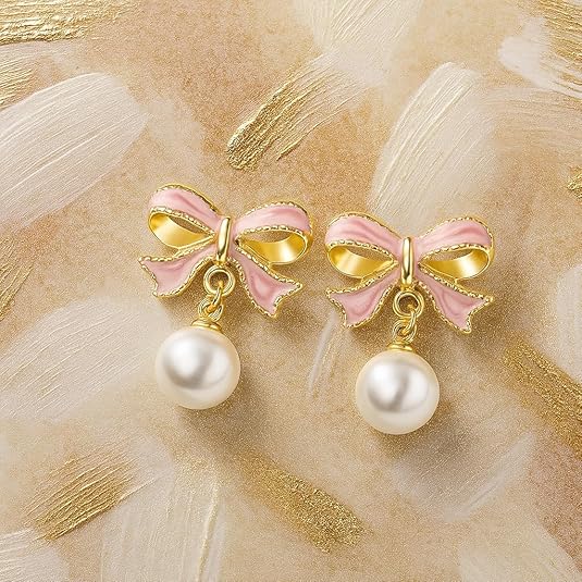 Gold Bow Earrings for Women, Long Tassel Chain Drop Earrings, Trendy Small Bow Earrings, Ribbon Waterfall Dangling Earrings, Pearl Bow Earrings, Sparkly Elegant Bowknot Preppy Jewelry Gifts for Women